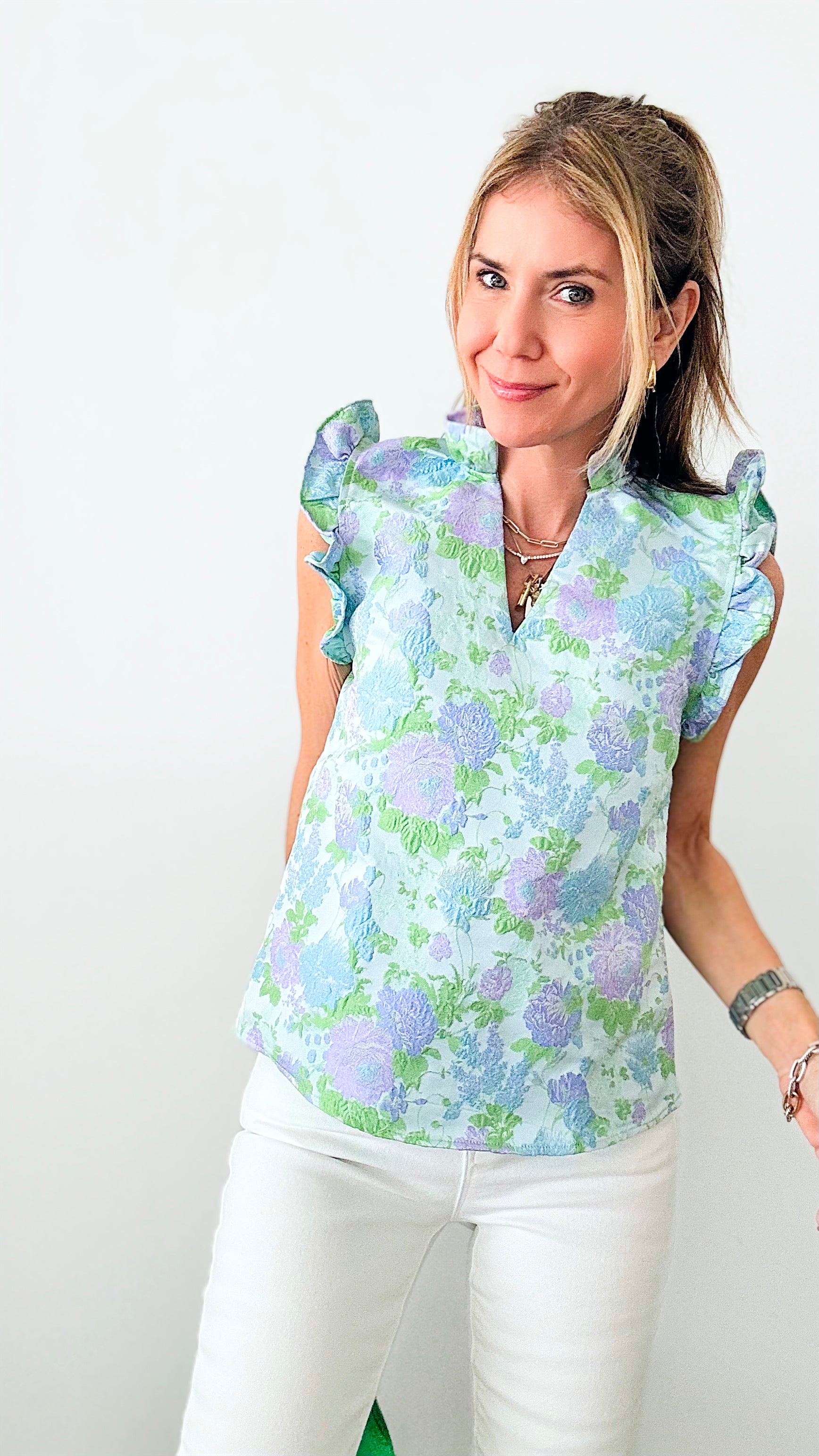 Ruffle Detail Floral Print Top-110 Short Sleeve Tops-THML-Coastal Bloom Boutique, find the trendiest versions of the popular styles and looks Located in Indialantic, FL
