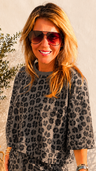 Leopard Weekend French Terry Italian Top - Taupe