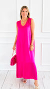 Satin V-Neck Italian Sleeveless Dress- Fuchsia-200 Dresses/Jumpsuits/Rompers-SEPTIMO-Coastal Bloom Boutique, find the trendiest versions of the popular styles and looks Located in Indialantic, FL