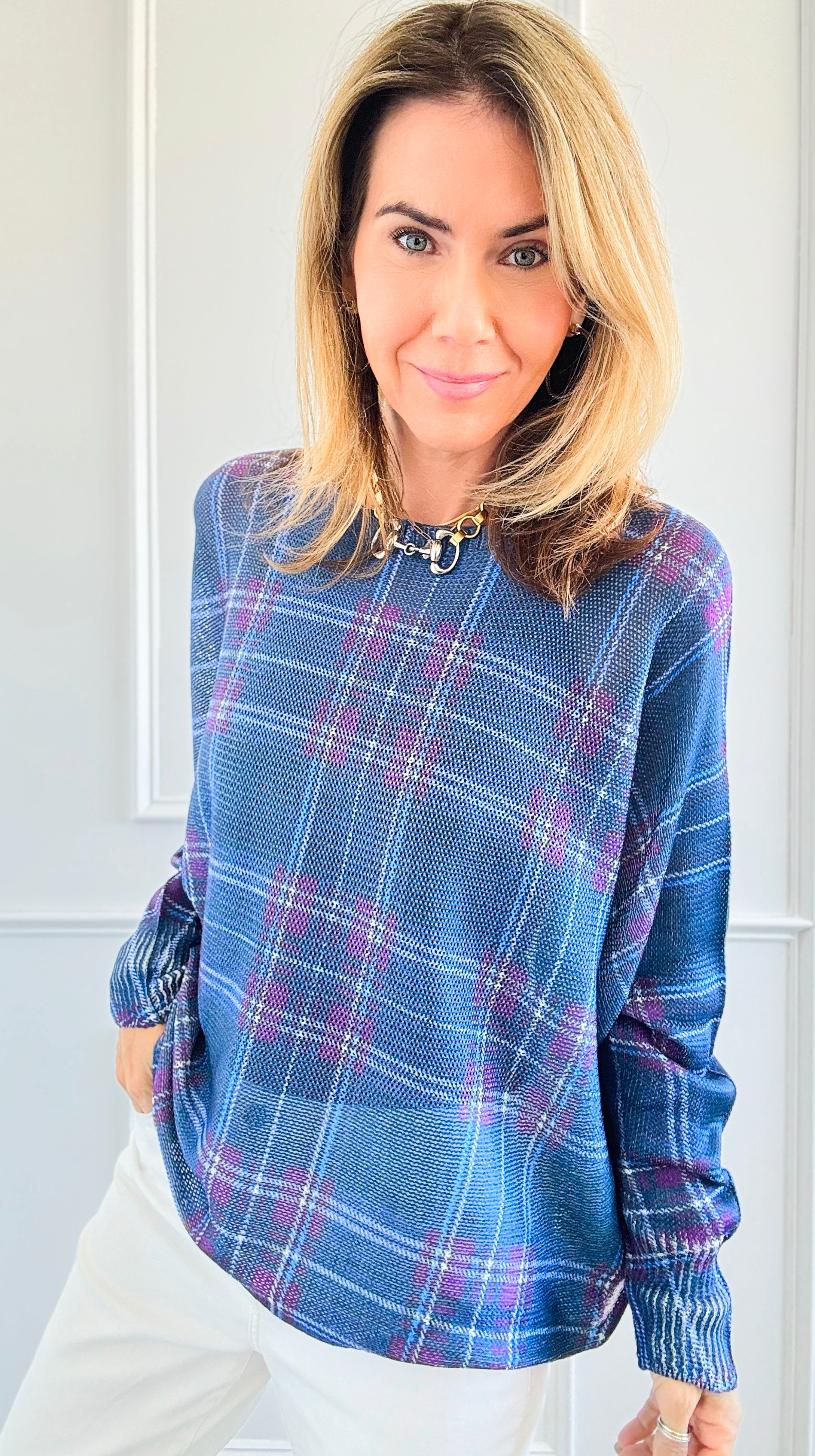 Festive Plaid St Tropez Italian Knit Sweater- Cobalt Blue-140 Sweaters-Italianissimo-Coastal Bloom Boutique, find the trendiest versions of the popular styles and looks Located in Indialantic, FL