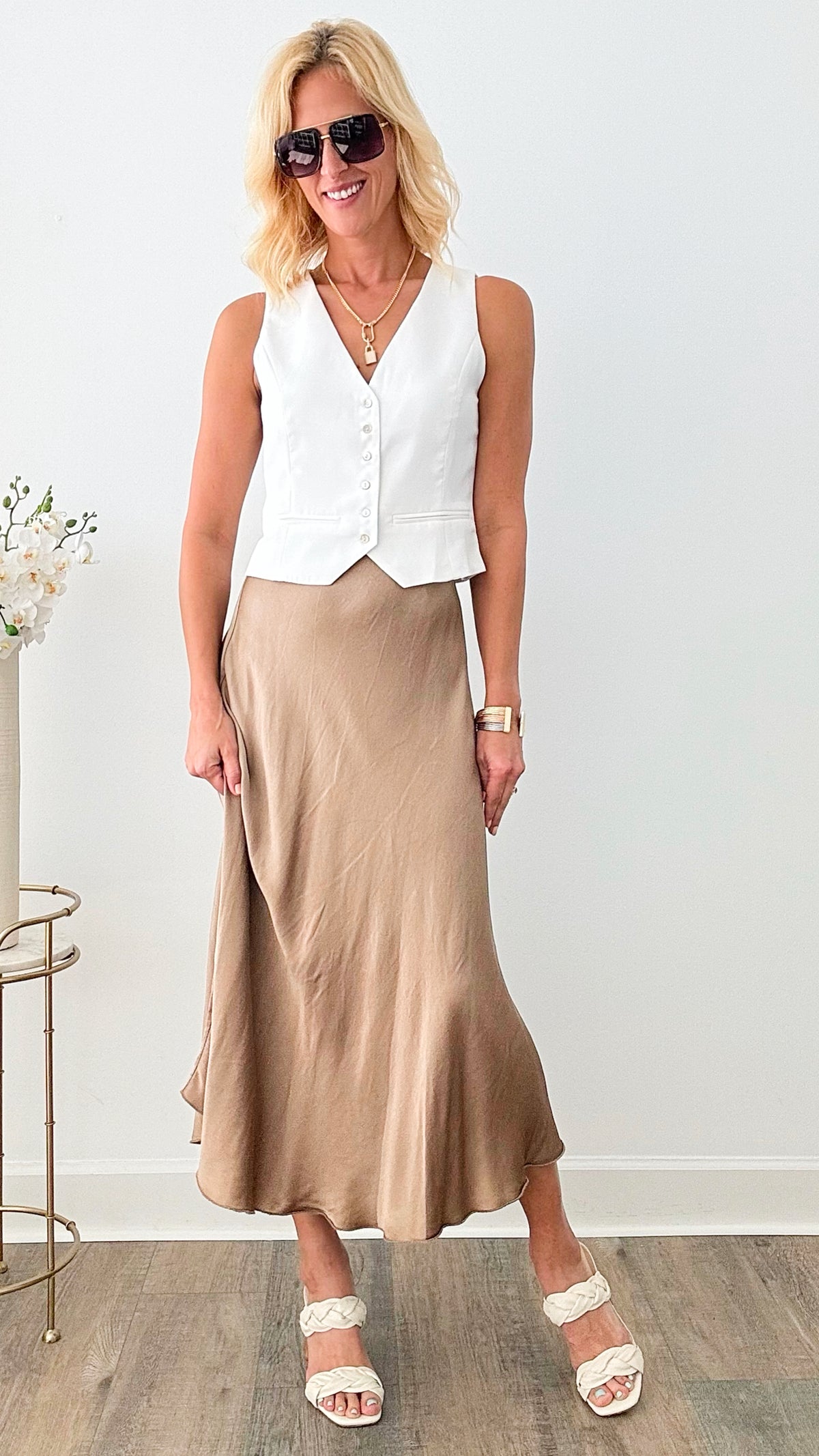 Brooklyn Italian Satin Midi Skirt - Mocha-170 Bottoms-Italianissimo-Coastal Bloom Boutique, find the trendiest versions of the popular styles and looks Located in Indialantic, FL