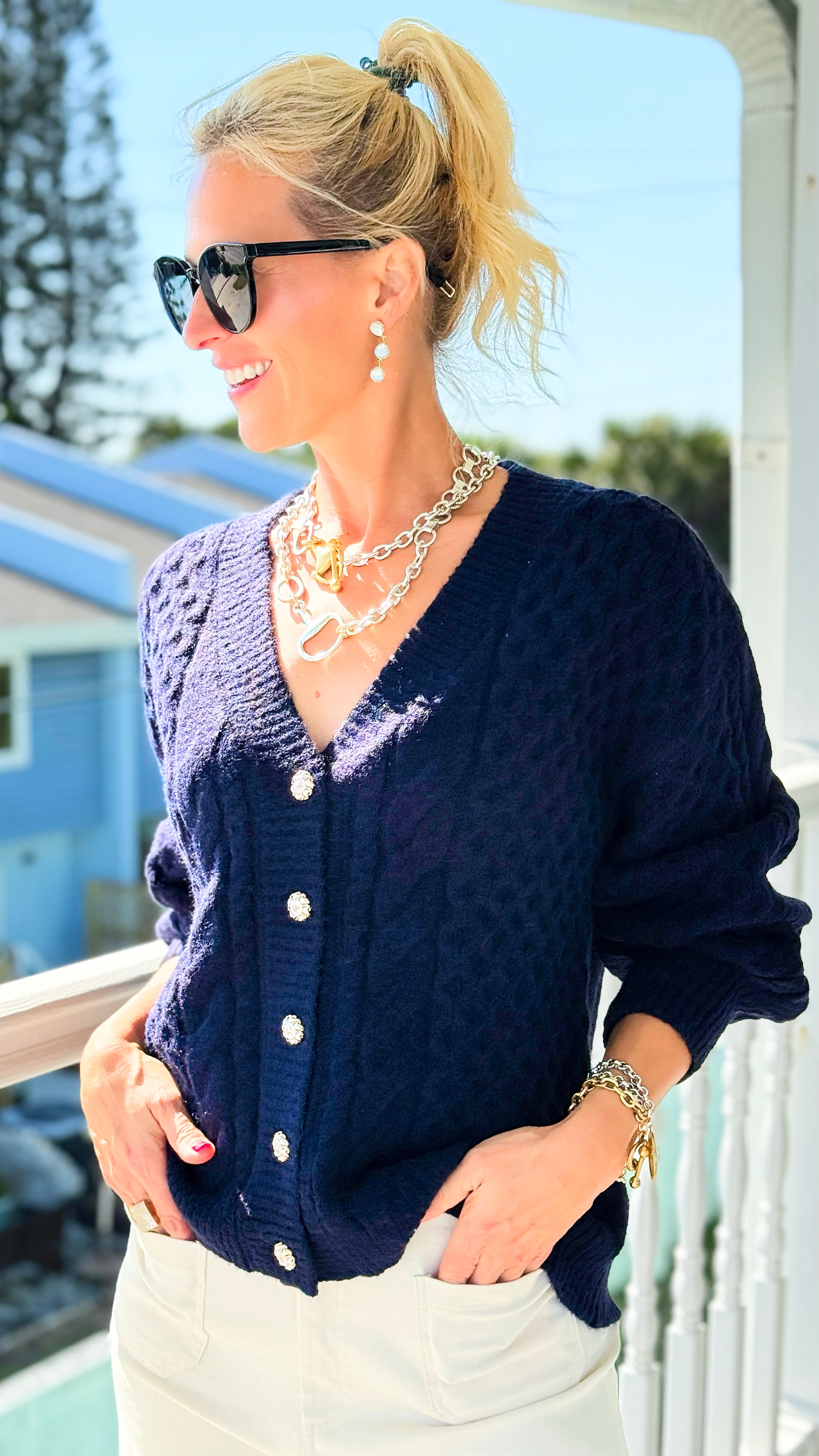 Snowfall Dream Knit Cardigan - Navy-150 Cardigans/Layers-Umgee-Coastal Bloom Boutique, find the trendiest versions of the popular styles and looks Located in Indialantic, FL