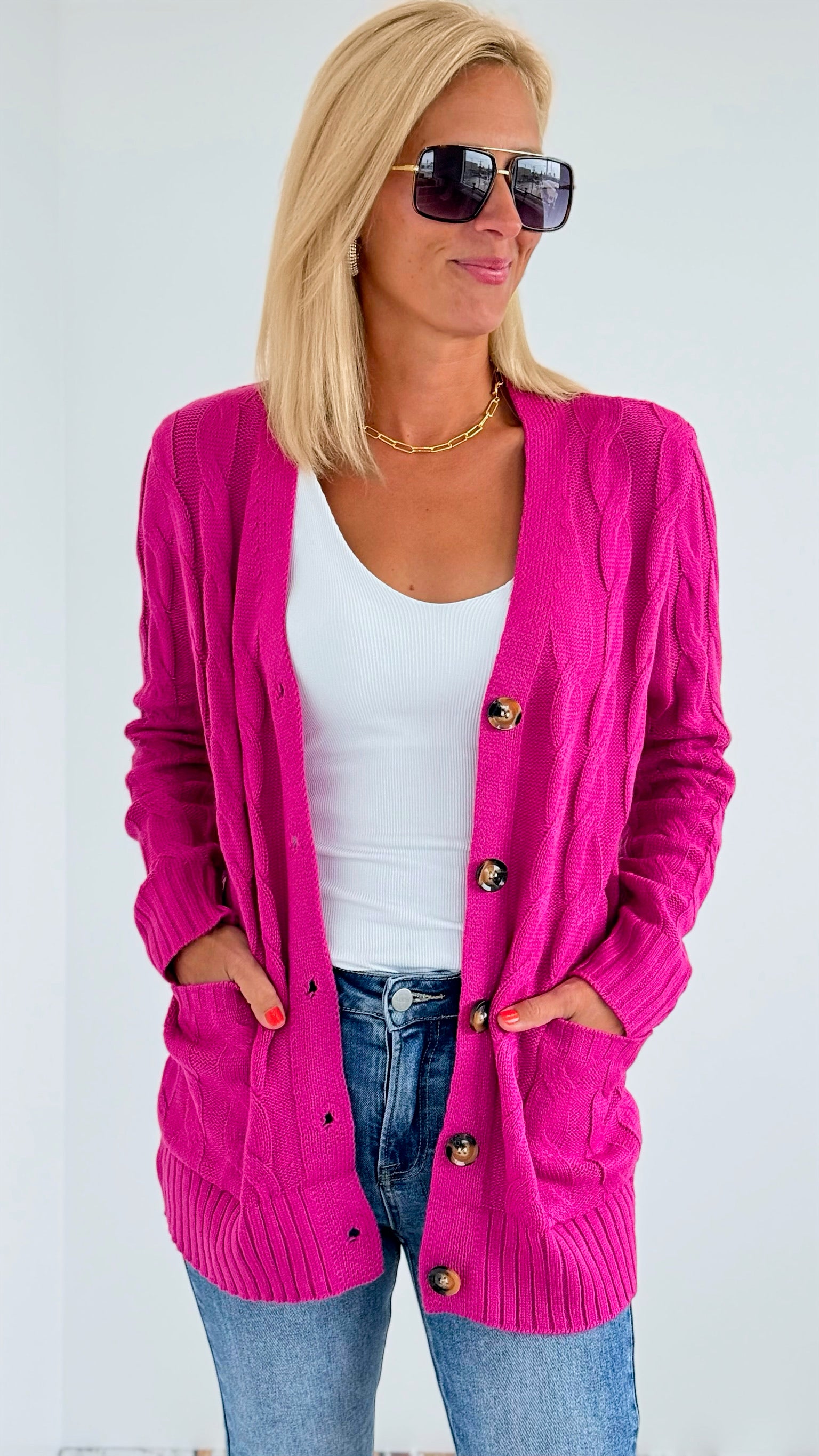 Open Front Cable Knit Cardigan - Magenta-150 Cardigans/Layers-On Blue-Coastal Bloom Boutique, find the trendiest versions of the popular styles and looks Located in Indialantic, FL