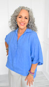DAMAGED-Soft Days Linen Italian Button Top- Periwinkle-110 short Sleeve Top-PORCIENTO-Coastal Bloom Boutique, find the trendiest versions of the popular styles and looks Located in Indialantic, FL