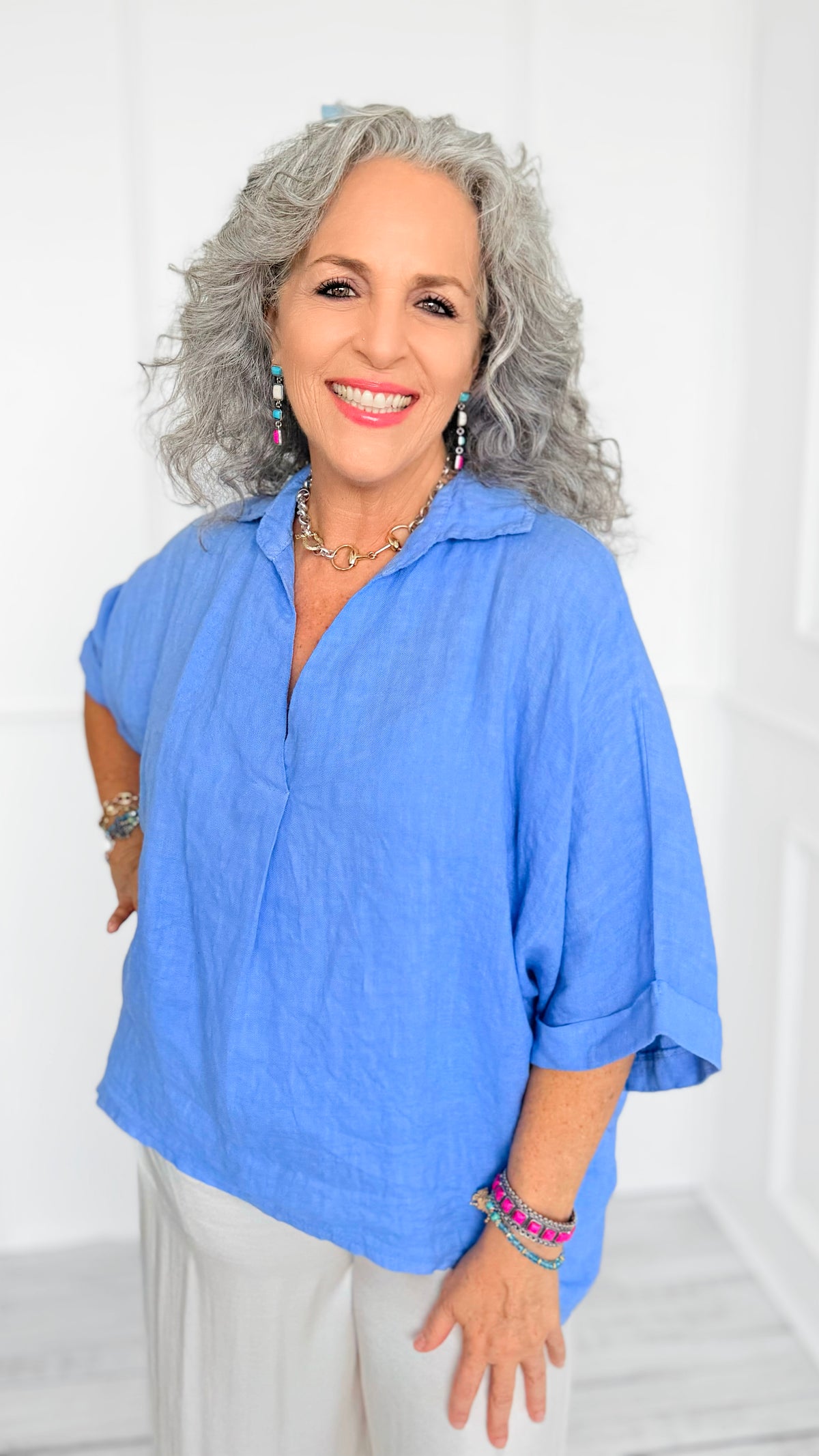 DAMAGED-Soft Days Linen Italian Button Top- Periwinkle-110 short Sleeve Top-PORCIENTO-Coastal Bloom Boutique, find the trendiest versions of the popular styles and looks Located in Indialantic, FL