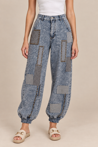Studded Patchwork Denim Jogger Pants