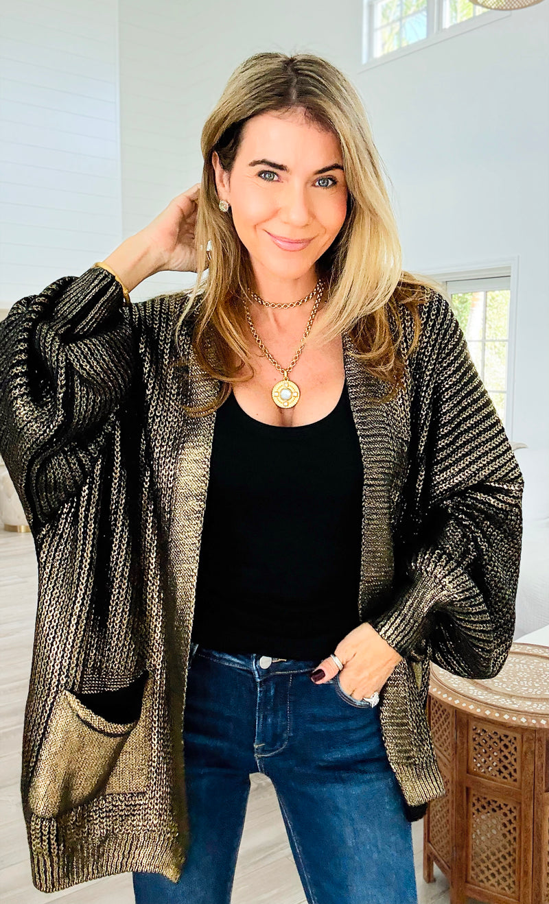 Mirrored Metallic Sugar High Italian Cardigan- Black/ Gold-150 Cardigan Layers-Italianissimo-Coastal Bloom Boutique, find the trendiest versions of the popular styles and looks Located in Indialantic, FL