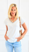 Shimmer Trim V-Neck Italian Top- White-110 short Sleeve Top-SARL LACOMY-Coastal Bloom Boutique, find the trendiest versions of the popular styles and looks Located in Indialantic, FL