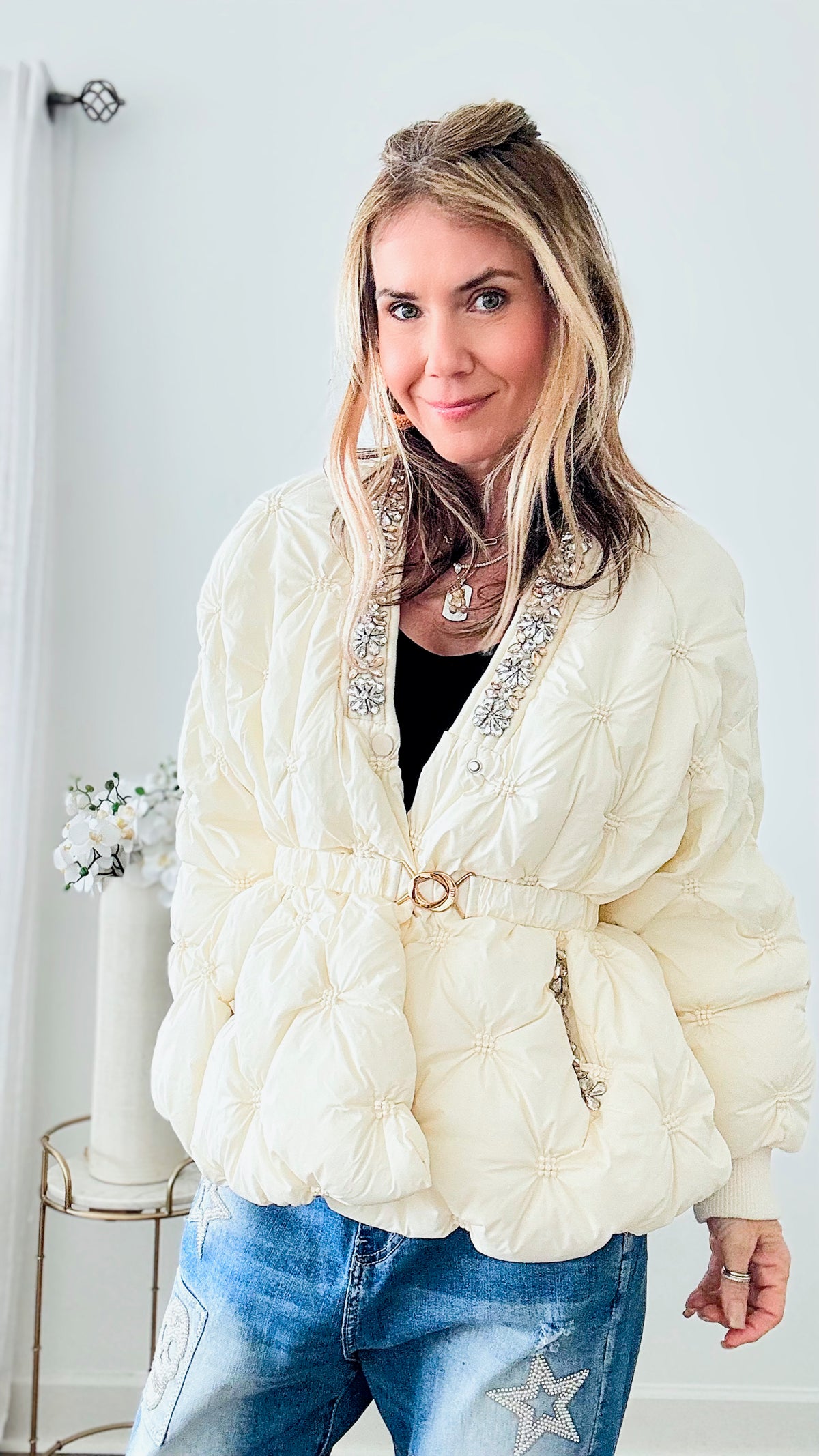 Runway on Ice Embellished Quilted Jacket - Cream-160 Jackets-CBALY-Coastal Bloom Boutique, find the trendiest versions of the popular styles and looks Located in Indialantic, FL