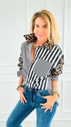 Leopard Stripe Italian Woven Blouse-110 Long Sleeve Tops-TATTOO Z-Coastal Bloom Boutique, find the trendiest versions of the popular styles and looks Located in Indialantic, FL