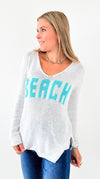Beach Lightweight Knit V Neck - White/Aqua-140 Sweaters-Miracle-Coastal Bloom Boutique, find the trendiest versions of the popular styles and looks Located in Indialantic, FL