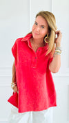 Weekend Ease Washed Collar Top - Red-110 Short Sleeve Tops-White Birch-Coastal Bloom Boutique, find the trendiest versions of the popular styles and looks Located in Indialantic, FL