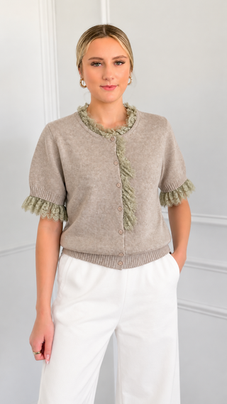 Ruffle Lace Knit Cardigan- Beige