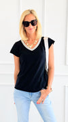 Shimmer Trim V-Neck Italian Top- Black-110 short Sleeve Top-SARL LACOMY-Coastal Bloom Boutique, find the trendiest versions of the popular styles and looks Located in Indialantic, FL