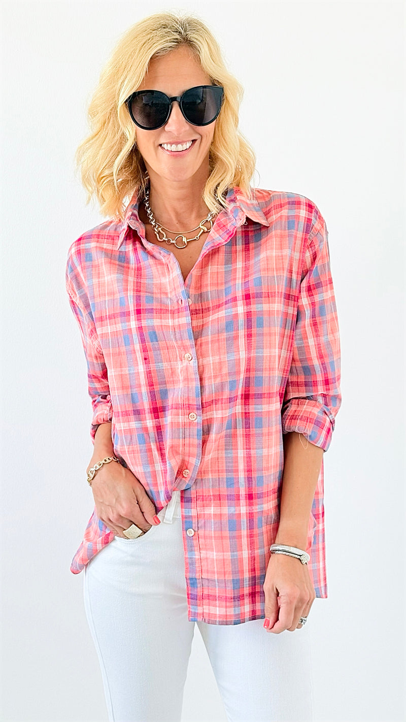 Desert Sunset Plaid Button-Up Top - Pink Multi-130 Long Sleeve Tops-La Miel-Coastal Bloom Boutique, find the trendiest versions of the popular styles and looks Located in Indialantic, FL