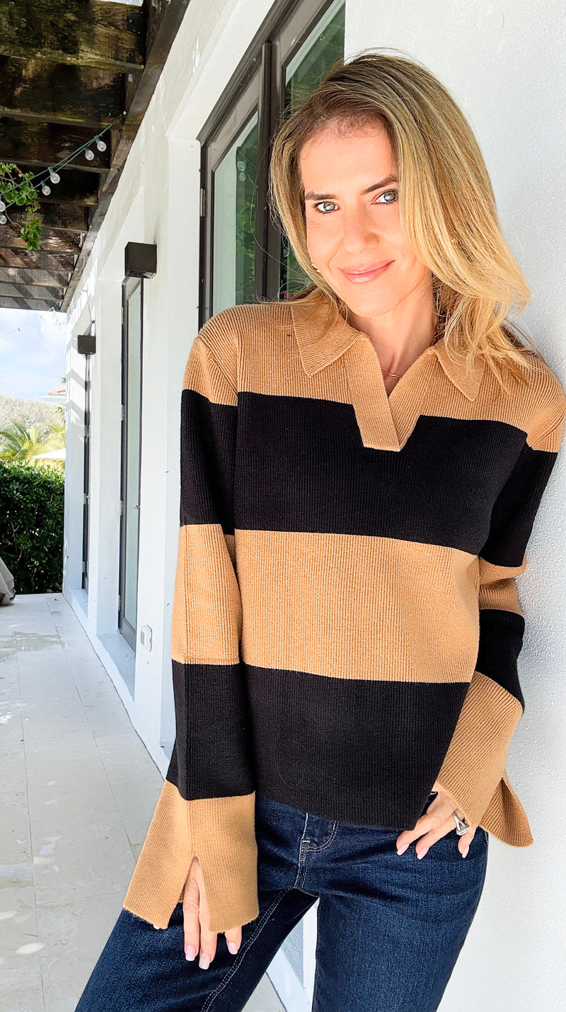 Striped Sophistication Knit Sweater-140 Sweaters-English Factory-Coastal Bloom Boutique, find the trendiest versions of the popular styles and looks Located in Indialantic, FL