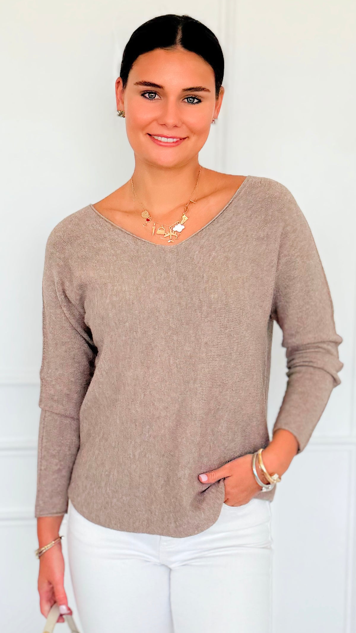 Soho Italian V-Neck Pullover - Ash Mocha-140 Sweaters-Italianissimo-Coastal Bloom Boutique, find the trendiest versions of the popular styles and looks Located in Indialantic, FL