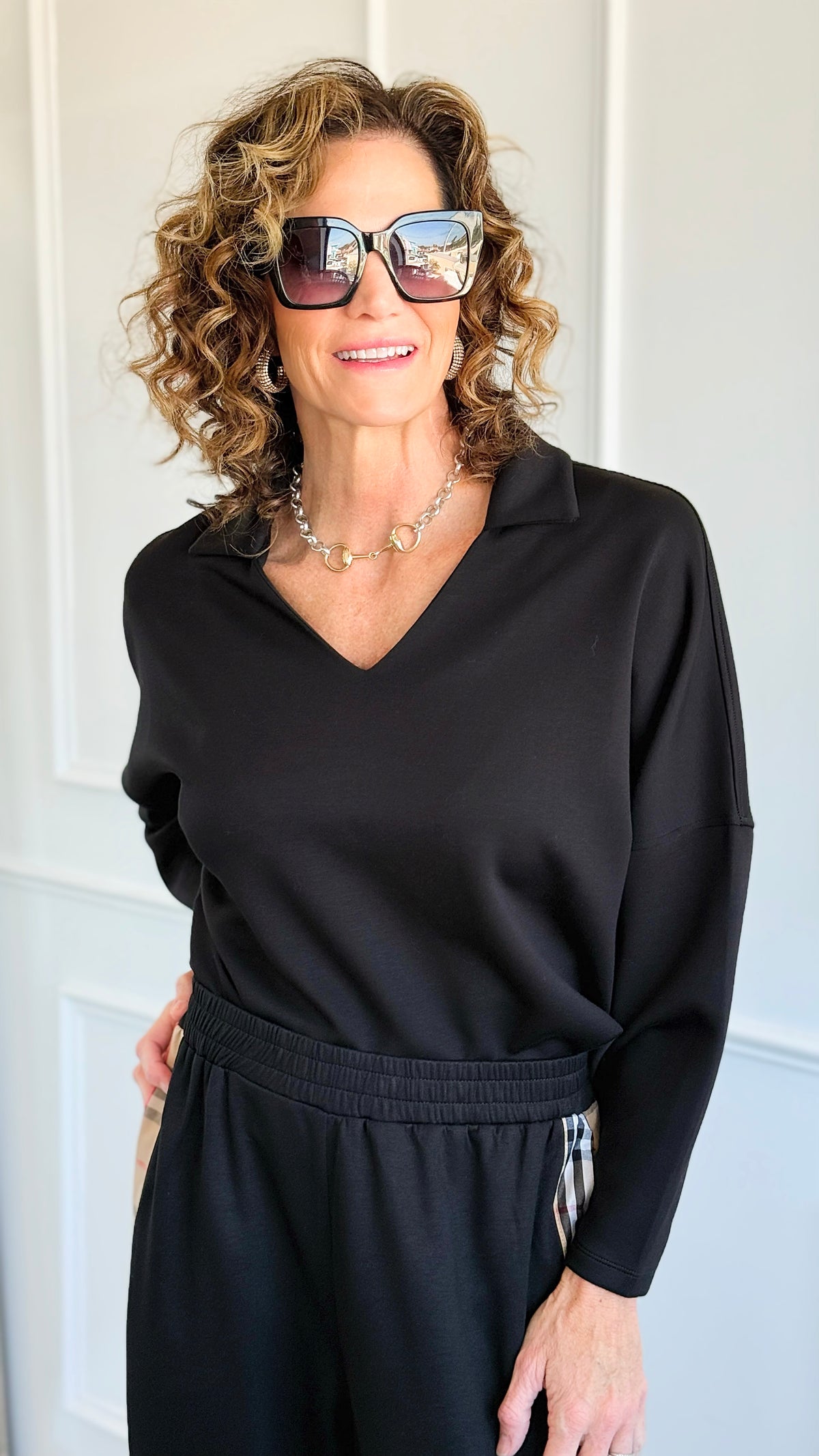 Everyday Luxe V-Neck - Black-110 Long Sleeve Tops-YELETE-Coastal Bloom Boutique, find the trendiest versions of the popular styles and looks Located in Indialantic, FL