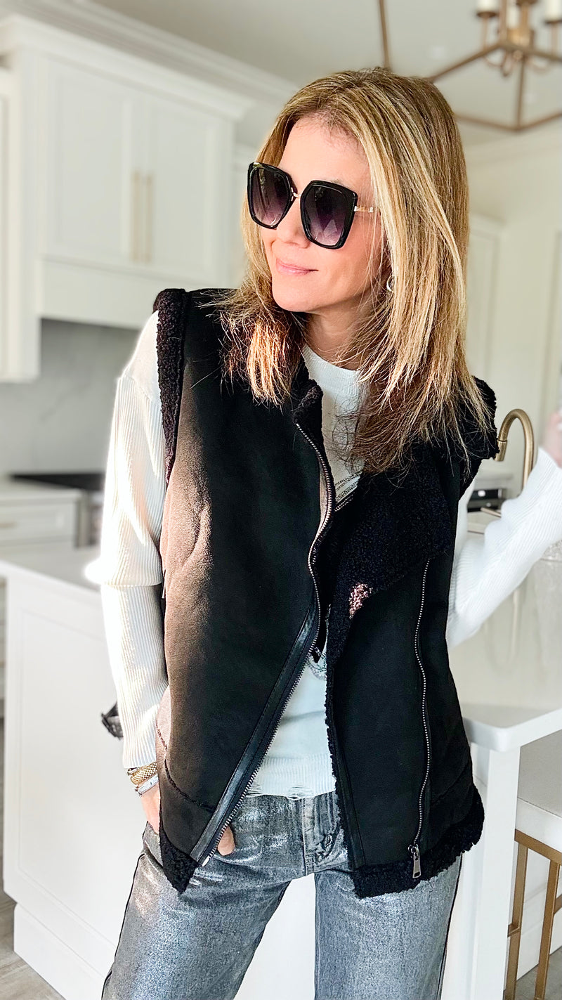 Solid Suede Faux Fur Vest - Black-160 Jackets-ShopIrisBasic-Coastal Bloom Boutique, find the trendiest versions of the popular styles and looks Located in Indialantic, FL