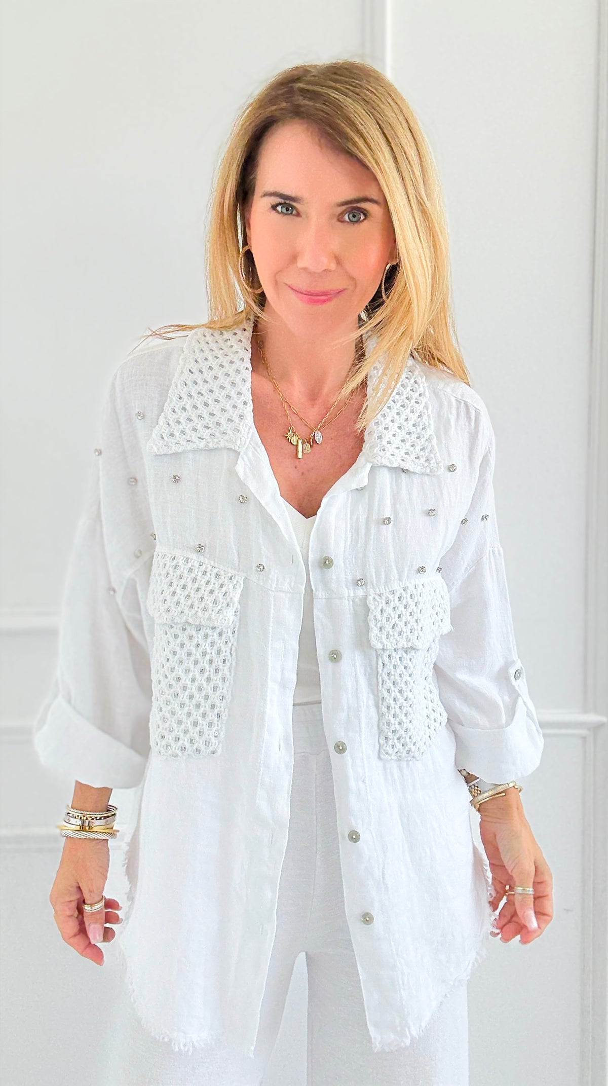 Sparkle Mesh Pocket Italian Button Top- White-170 Bottoms-SEÑORITA C-Coastal Bloom Boutique, find the trendiest versions of the popular styles and looks Located in Indialantic, FL