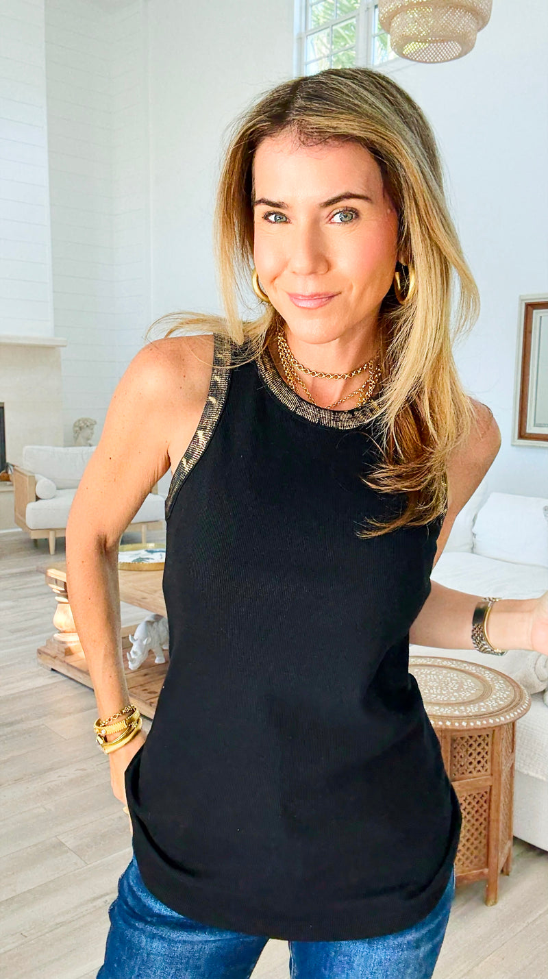 Metallic Foil Detailed Ribbed Italian Tank - Gold/Black-100 Sleeveless Tops-Italianissimo-Coastal Bloom Boutique, find the trendiest versions of the popular styles and looks Located in Indialantic, FL