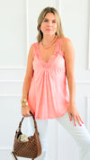 Italian Elegant Lace Trim Cami -Coral-100 Sleeveless Tops-Italianissimo/ SEVEN SEPT-Coastal Bloom Boutique, find the trendiest versions of the popular styles and looks Located in Indialantic, FL