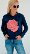 Rose Print Hoodie Sweatshirt - French Navy-130 Long Sleeve Tops-Honestee-Coastal Bloom Boutique, find the trendiest versions of the popular styles and looks Located in Indialantic, FL