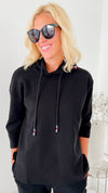 Khloe Knit Crepe Hoodie Top - Black-160 Jackets-Joh Apparel-Coastal Bloom Boutique, find the trendiest versions of the popular styles and looks Located in Indialantic, FL