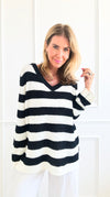 Striped V-Neck Sweater - Black/Ivory-140 Sweaters-Miracle-Coastal Bloom Boutique, find the trendiest versions of the popular styles and looks Located in Indialantic, FL