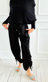 Drapey Twill Adjustable Scrunch Joggers - Black-170 Bottoms-Allie Rose-Coastal Bloom Boutique, find the trendiest versions of the popular styles and looks Located in Indialantic, FL