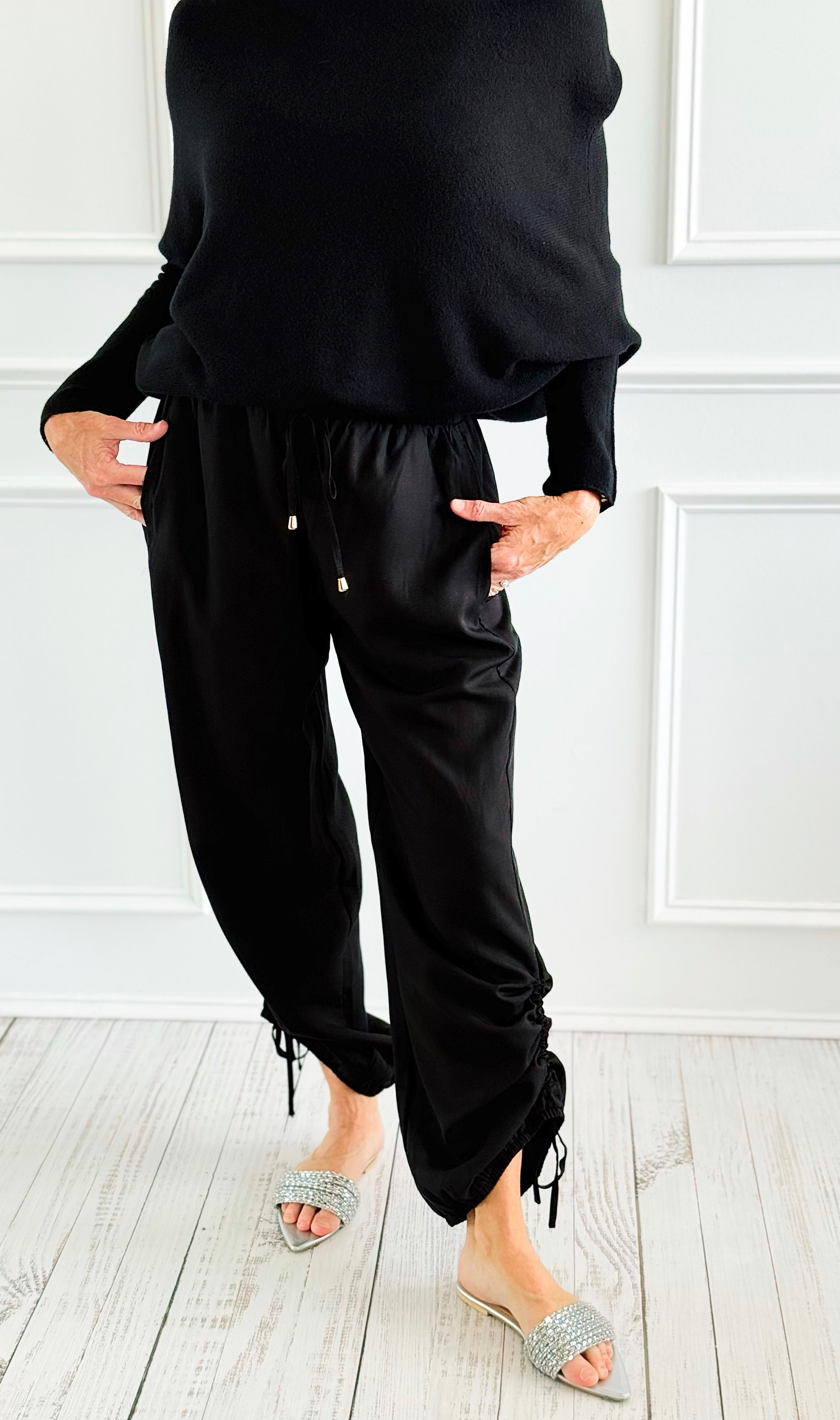 Drapey Twill Adjustable Scrunch Joggers - Black-170 Bottoms-Allie Rose-Coastal Bloom Boutique, find the trendiest versions of the popular styles and looks Located in Indialantic, FL