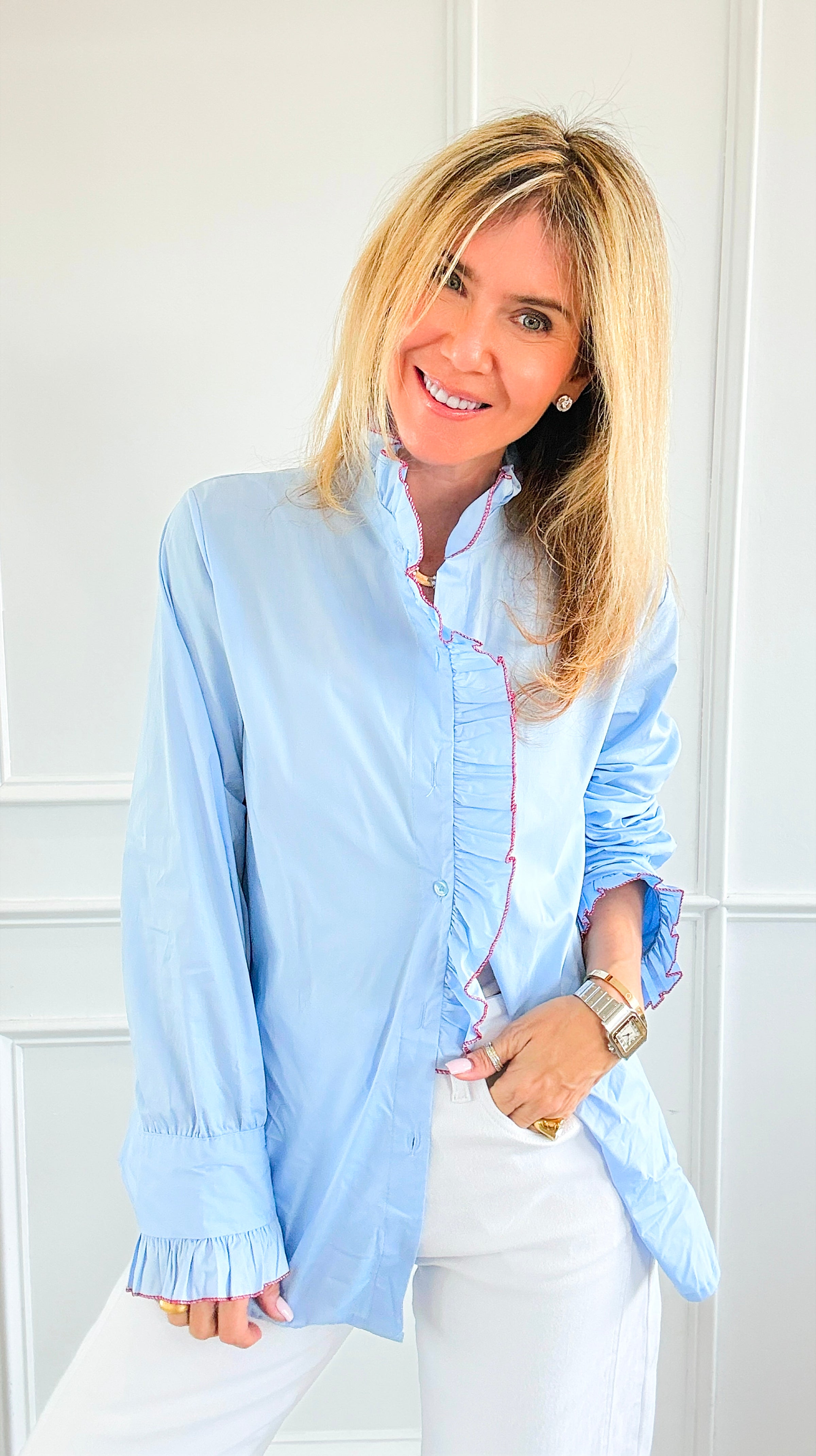 Ruffle Contour Elegance Italian Button Top- Sky Blue