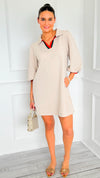 Prep School Puff Sleeve Dress - Beige-200 Dresses/Jumpsuits/Rompers-JODIFL-Coastal Bloom Boutique, find the trendiest versions of the popular styles and looks Located in Indialantic, FL