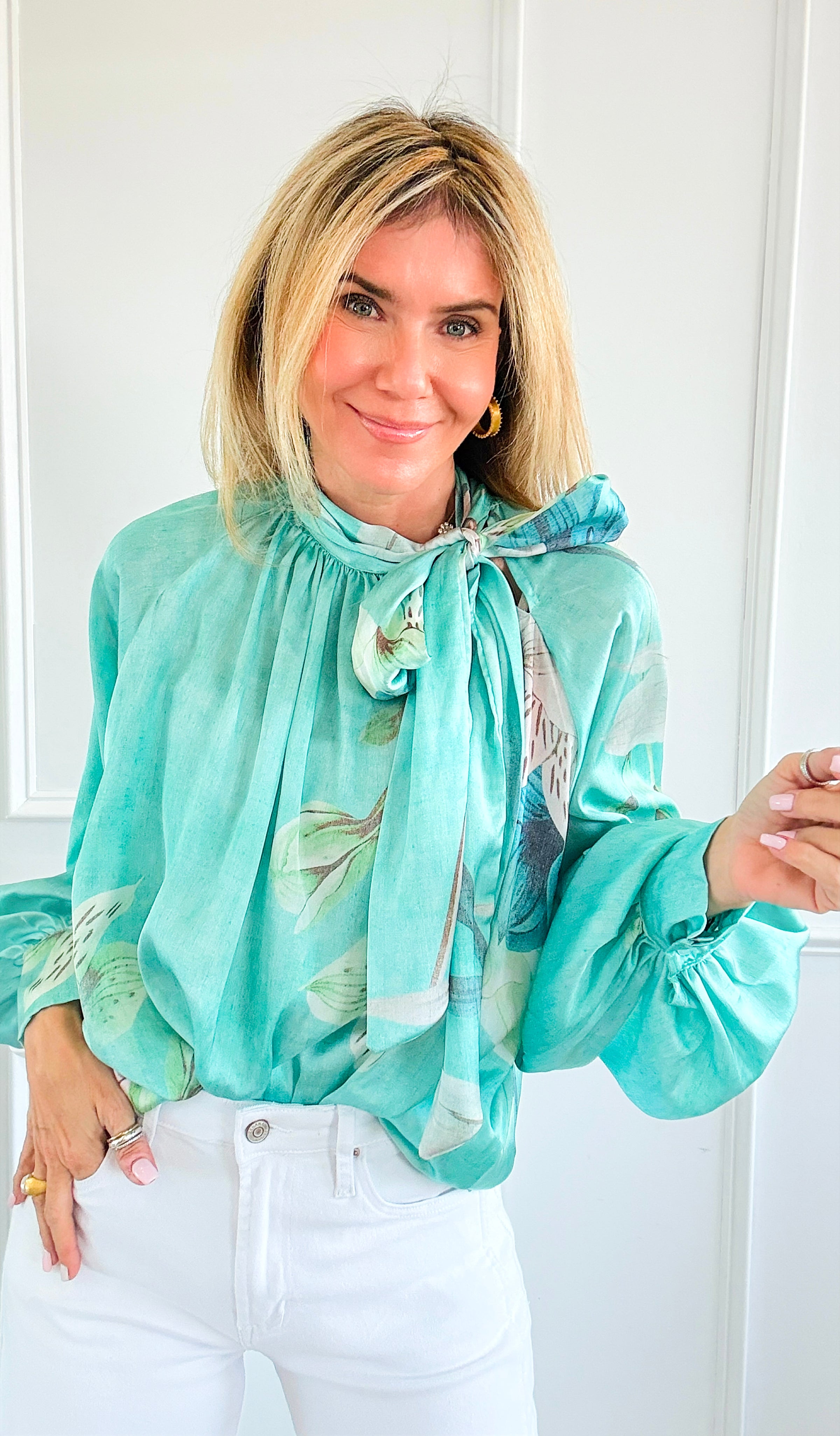 Blooming Tie Neck Button Italian Top