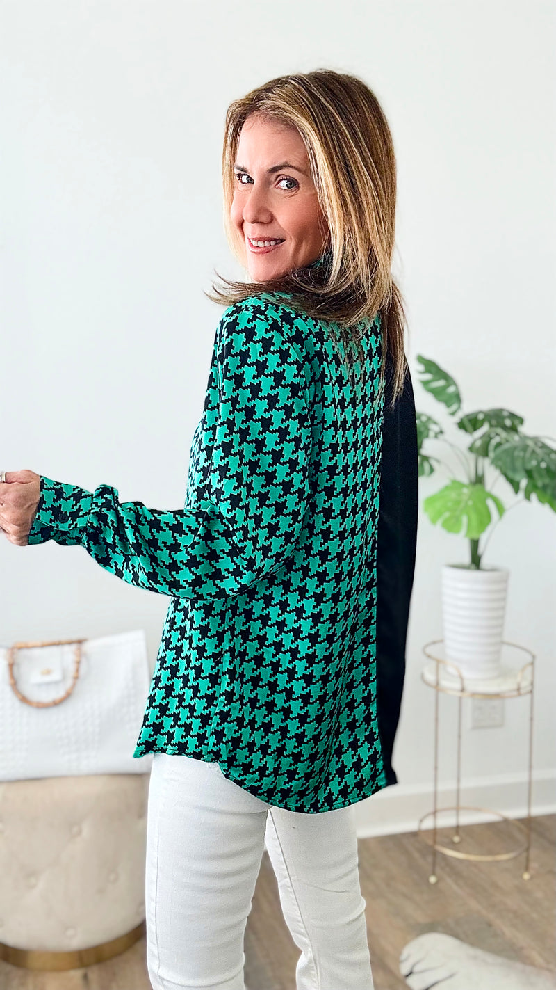 Houndstooth Mix Print Shirt - Kelly Green/ Black-110 Short Sleeve Tops-EESOME-Coastal Bloom Boutique, find the trendiest versions of the popular styles and looks Located in Indialantic, FL