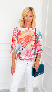 Sunset Dahlia St Tropez Short Sleeve Sweater-140 Sweaters-SORPRESA-Coastal Bloom Boutique, find the trendiest versions of the popular styles and looks Located in Indialantic, FL