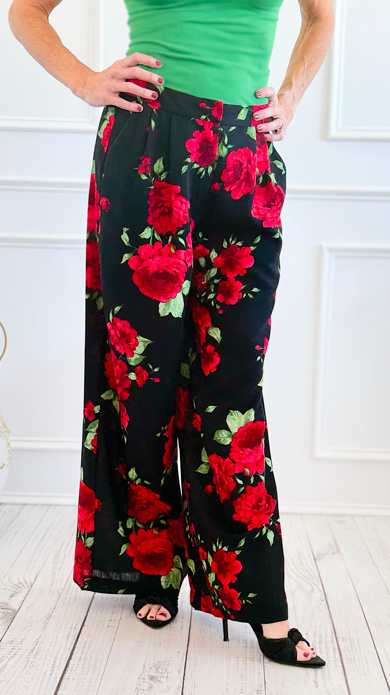 Midnight Bloom Wide Leg Pant - Black Red Floral-100 Pants-spin usa-Coastal Bloom Boutique, find the trendiest versions of the popular styles and looks Located in Indialantic, FL