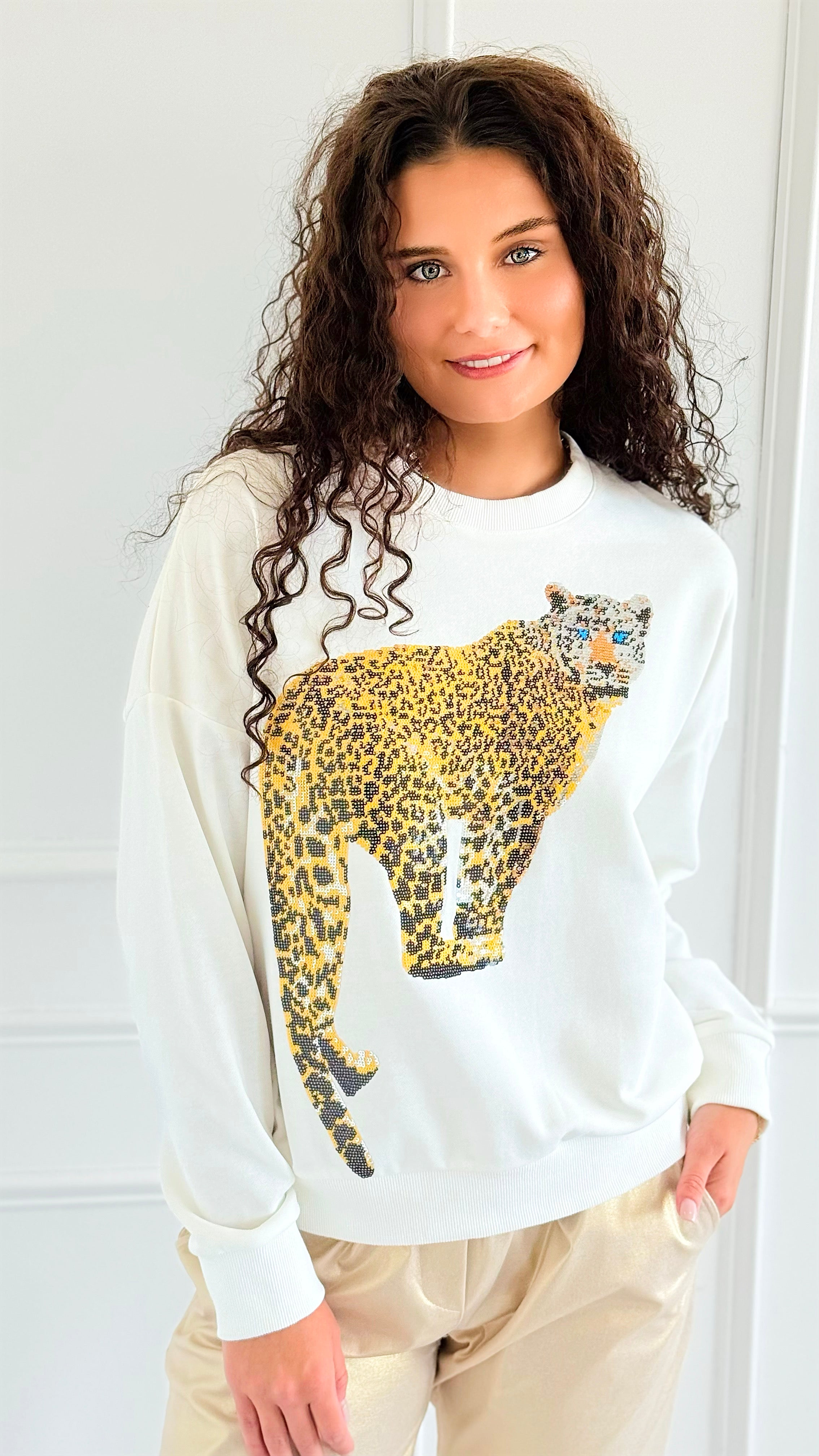 Golden Safari Sequin Sweatshirt-110 Long Sleeve Tops-Blue Velvet-Coastal Bloom Boutique, find the trendiest versions of the popular styles and looks Located in Indialantic, FL
