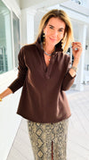 Eileen Cozy Lounge Collar Pullover Top - Espresso-110 Long Sleeve Tops-Mono B-Coastal Bloom Boutique, find the trendiest versions of the popular styles and looks Located in Indialantic, FL