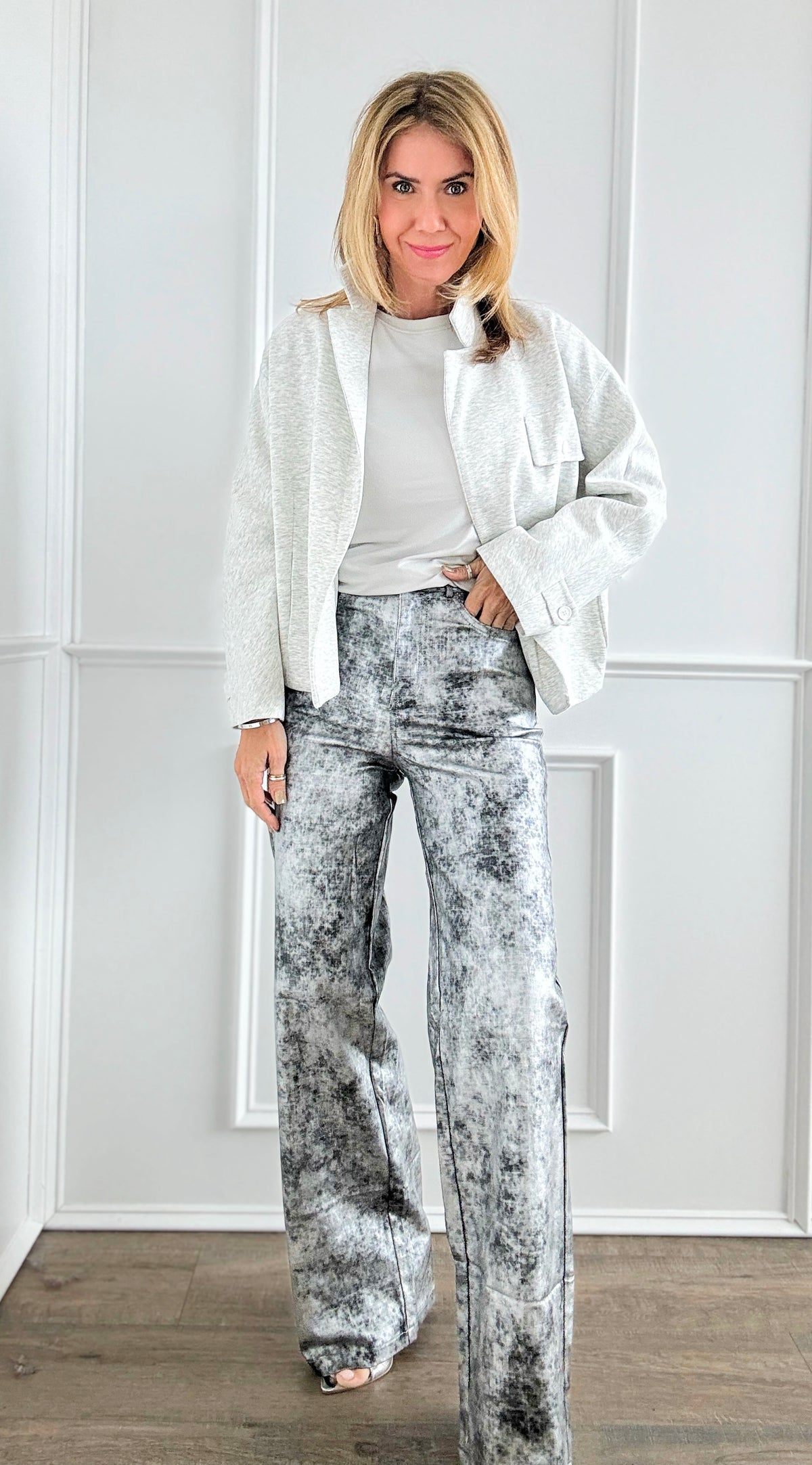 Galactic Dust Wide-Leg Pants - Silver-170 Bottoms-MUY MUY FANCY-Coastal Bloom Boutique, find the trendiest versions of the popular styles and looks Located in Indialantic, FL