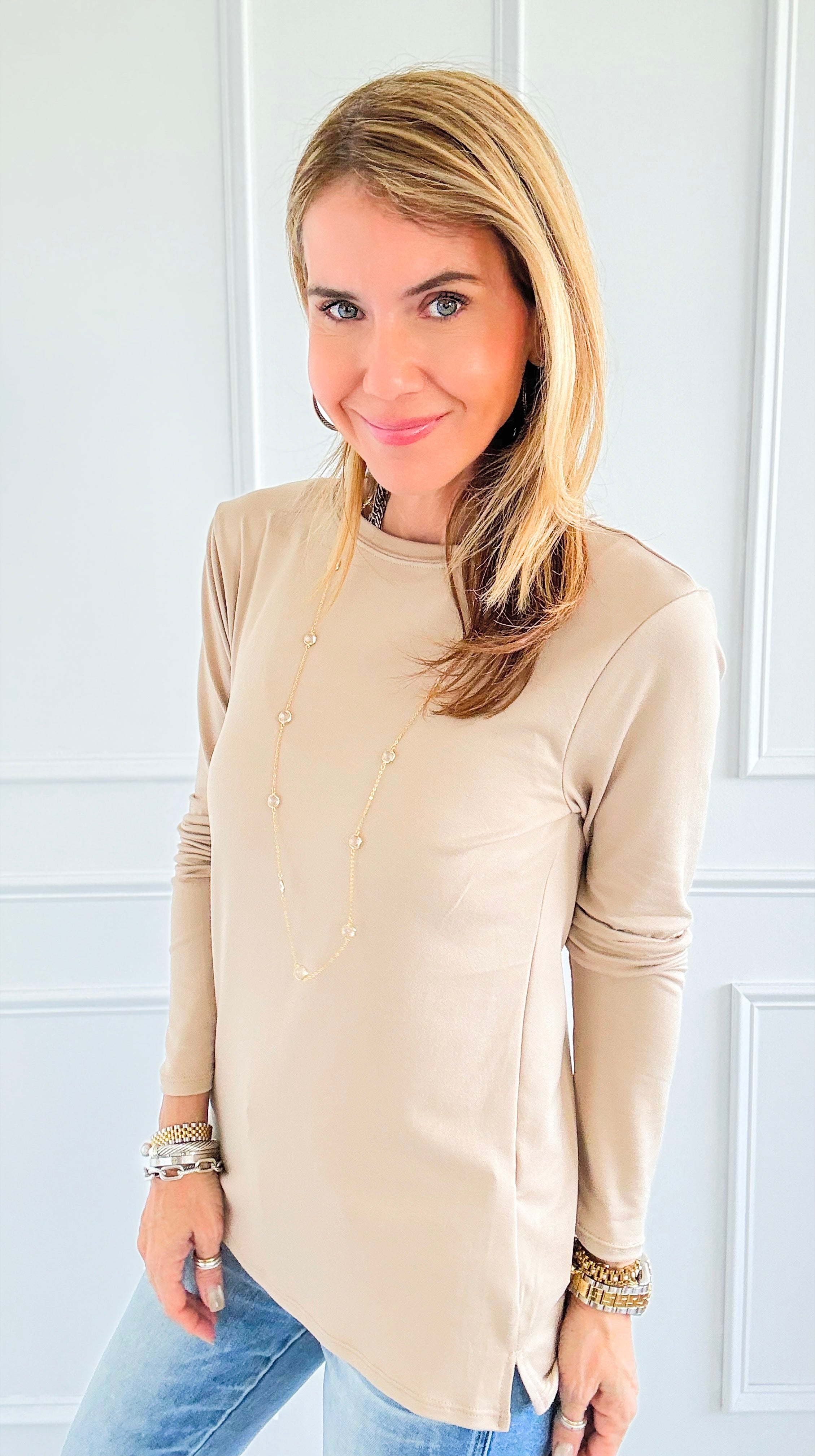 The Charlie Crew Neck Top - Beige-130 Long Sleeve Tops-EC COLLECTION INC-Coastal Bloom Boutique, find the trendiest versions of the popular styles and looks Located in Indialantic, FL