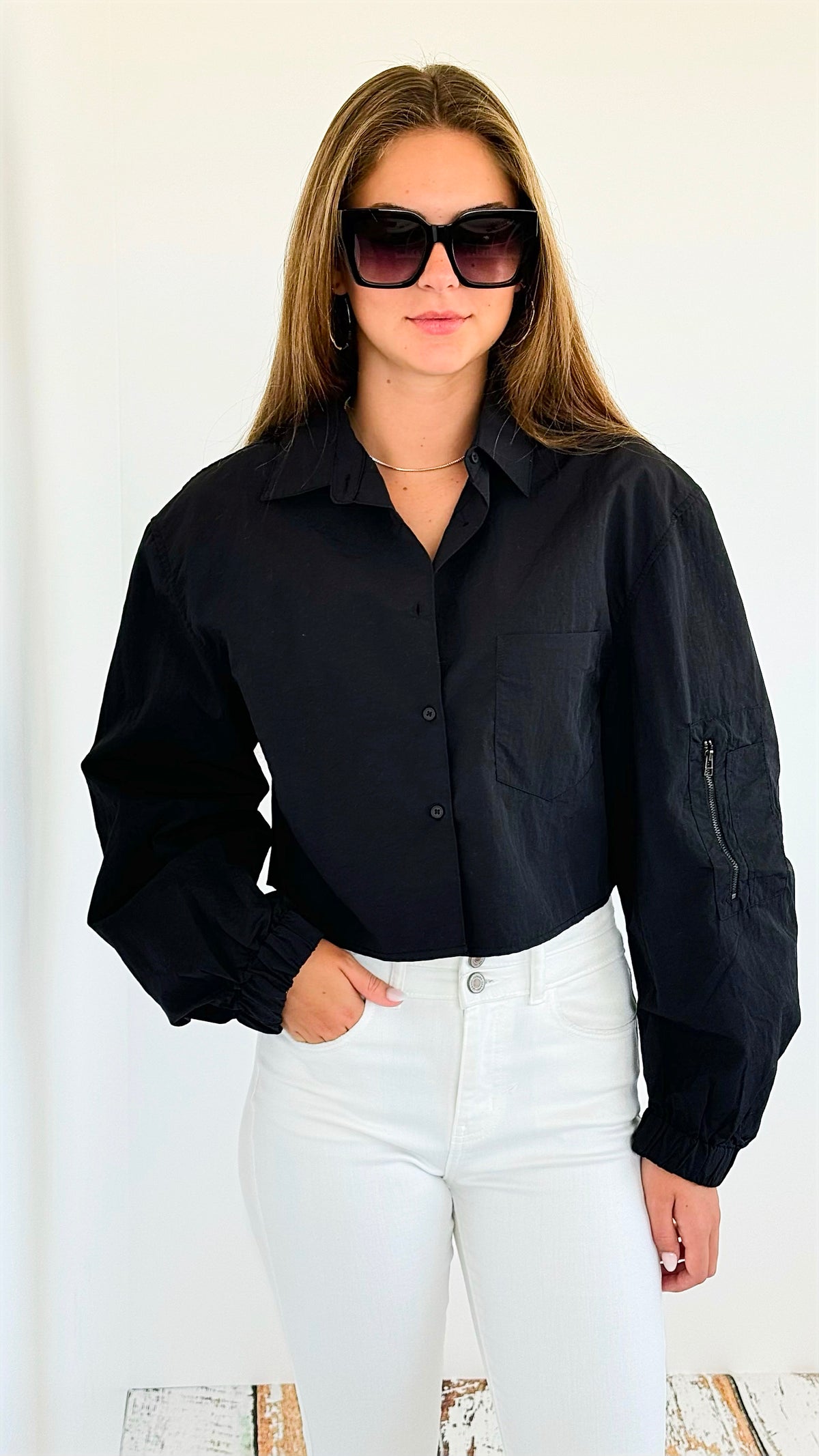 Long Sleeve Cropped Jacket - Black-160 Jackets-ROUSSEAU-Coastal Bloom Boutique, find the trendiest versions of the popular styles and looks Located in Indialantic, FL