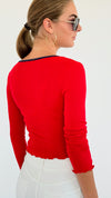 V-Neck Ribbed Crop Top - Red-130 Long Sleeve Tops-Heart&Hips-Coastal Bloom Boutique, find the trendiest versions of the popular styles and looks Located in Indialantic, FL