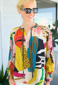 Multi Print Tie Front Blouse