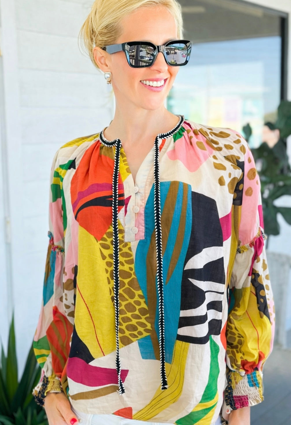 Multi Print Tie Front Blouse