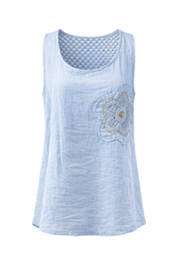 Floral Sequin Patch Italian Linen Sleeveless Top