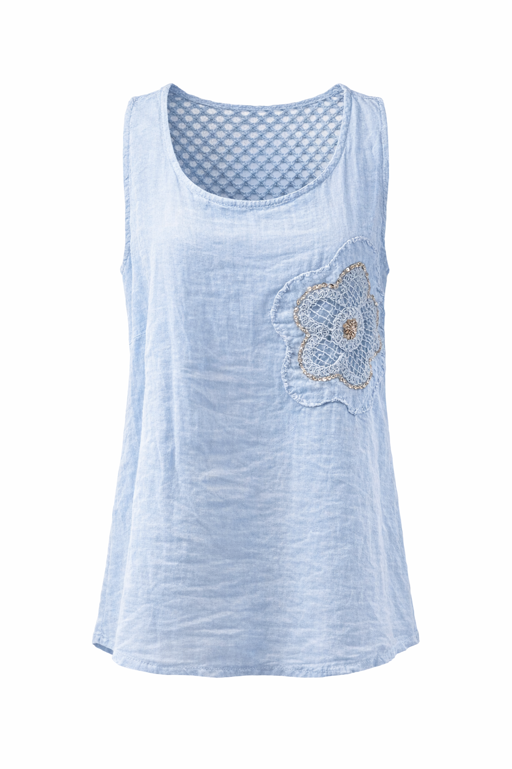 Floral Sequin Patch Italian Linen Sleeveless Top