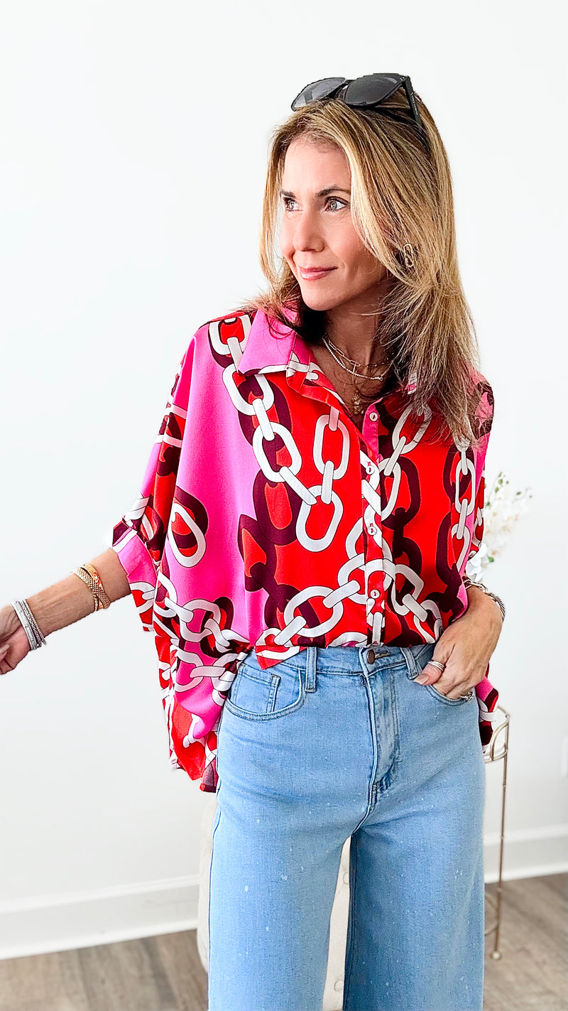 Chained Pattern Button Down Top - Tomato-130 Long Sleeve Tops-EESOME-Coastal Bloom Boutique, find the trendiest versions of the popular styles and looks Located in Indialantic, FL