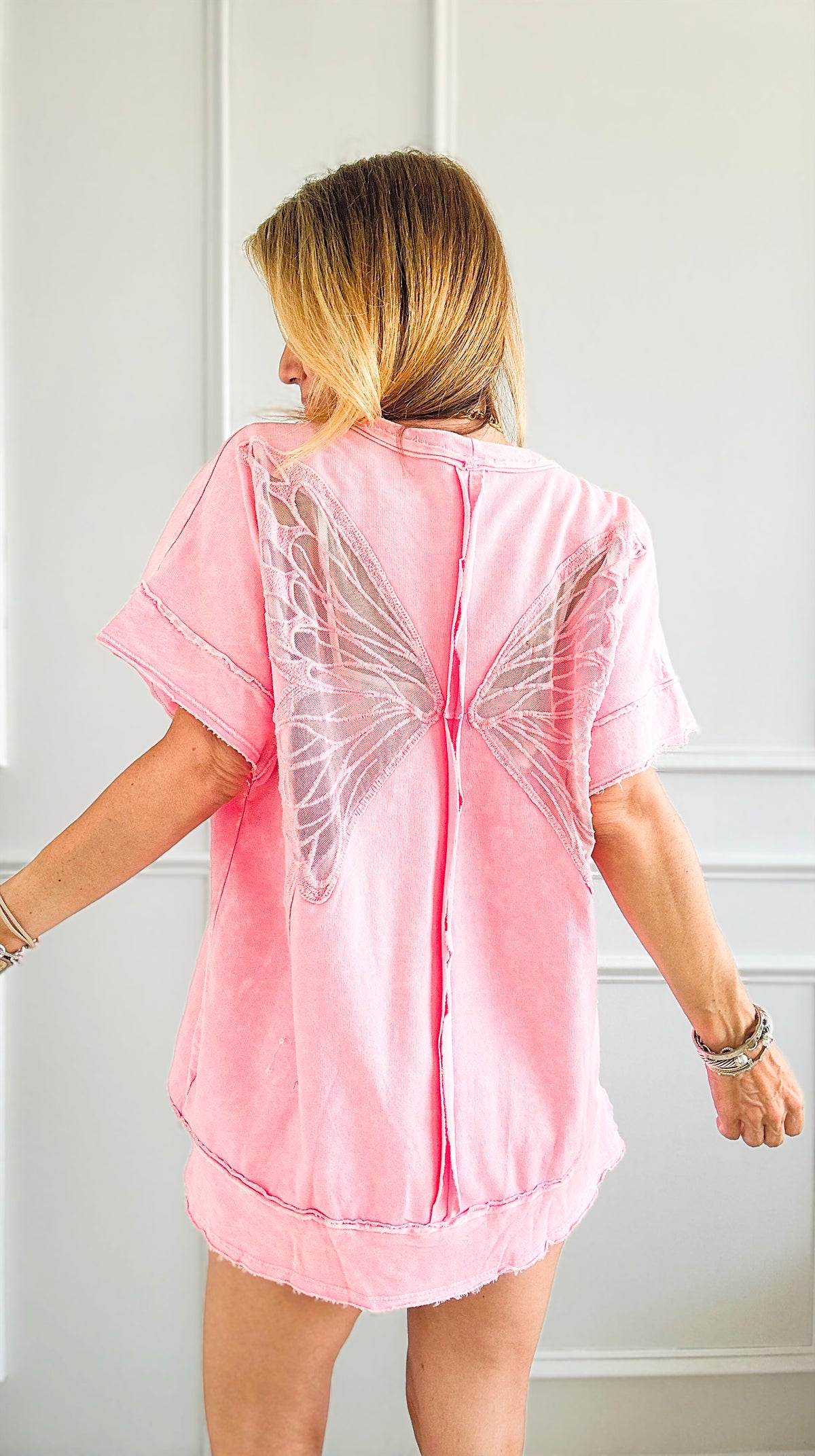 Mineral Wash Butterfly Short Sleeve Top - Pink-110 Short Sleeve Tops-j.her-Coastal Bloom Boutique, find the trendiest versions of the popular styles and looks Located in Indialantic, FL