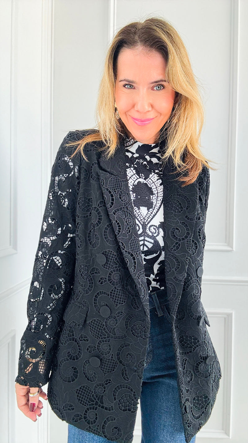 Midnight Lace Blazer-160 Jackets-Rousseau-Coastal Bloom Boutique, find the trendiest versions of the popular styles and looks Located in Indialantic, FL